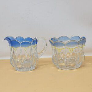 Vintage‎ Glass Sugar Bowl & Creamer Set With Blue Rim & Yellow Dots Cottagecore